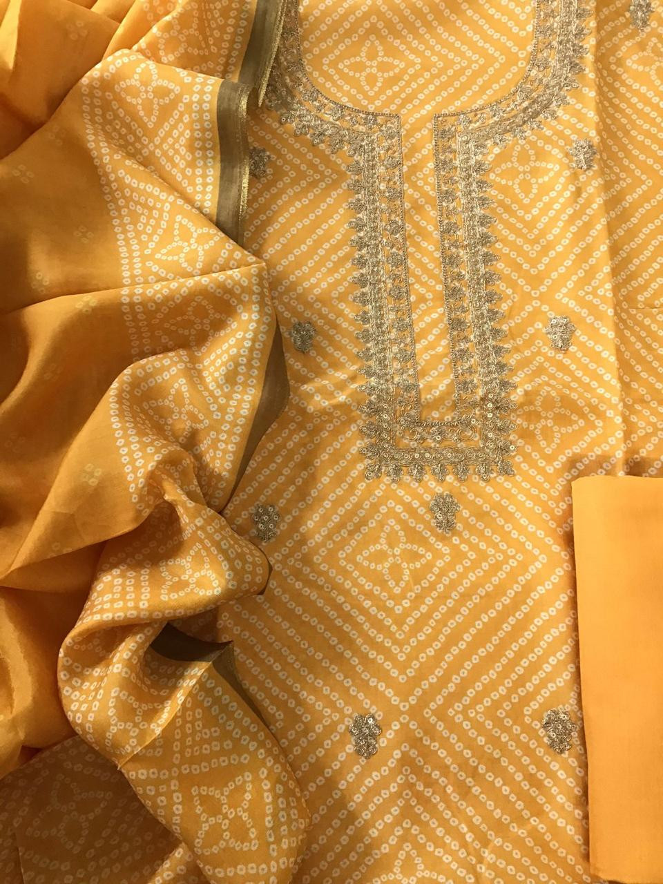 Pure Muslin Silk Printed Embroidered Suit - Yellow