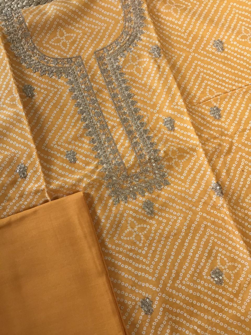 Pure Muslin Silk Printed Embroidered Suit - Yellow