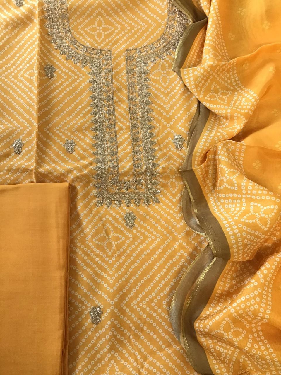 Pure Muslin Silk Printed Embroidered Suit - Yellow