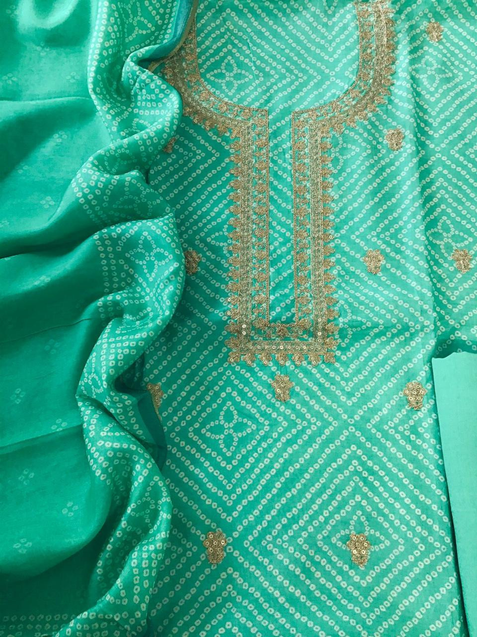 Pure Muslin Silk Printed Embroidered Suit - Green