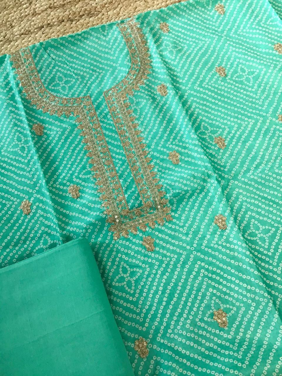 Pure Muslin Silk Printed Embroidered Suit - Green
