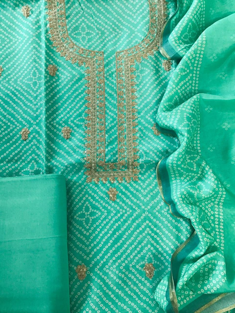 Pure Muslin Silk Printed Embroidered Suit - Green