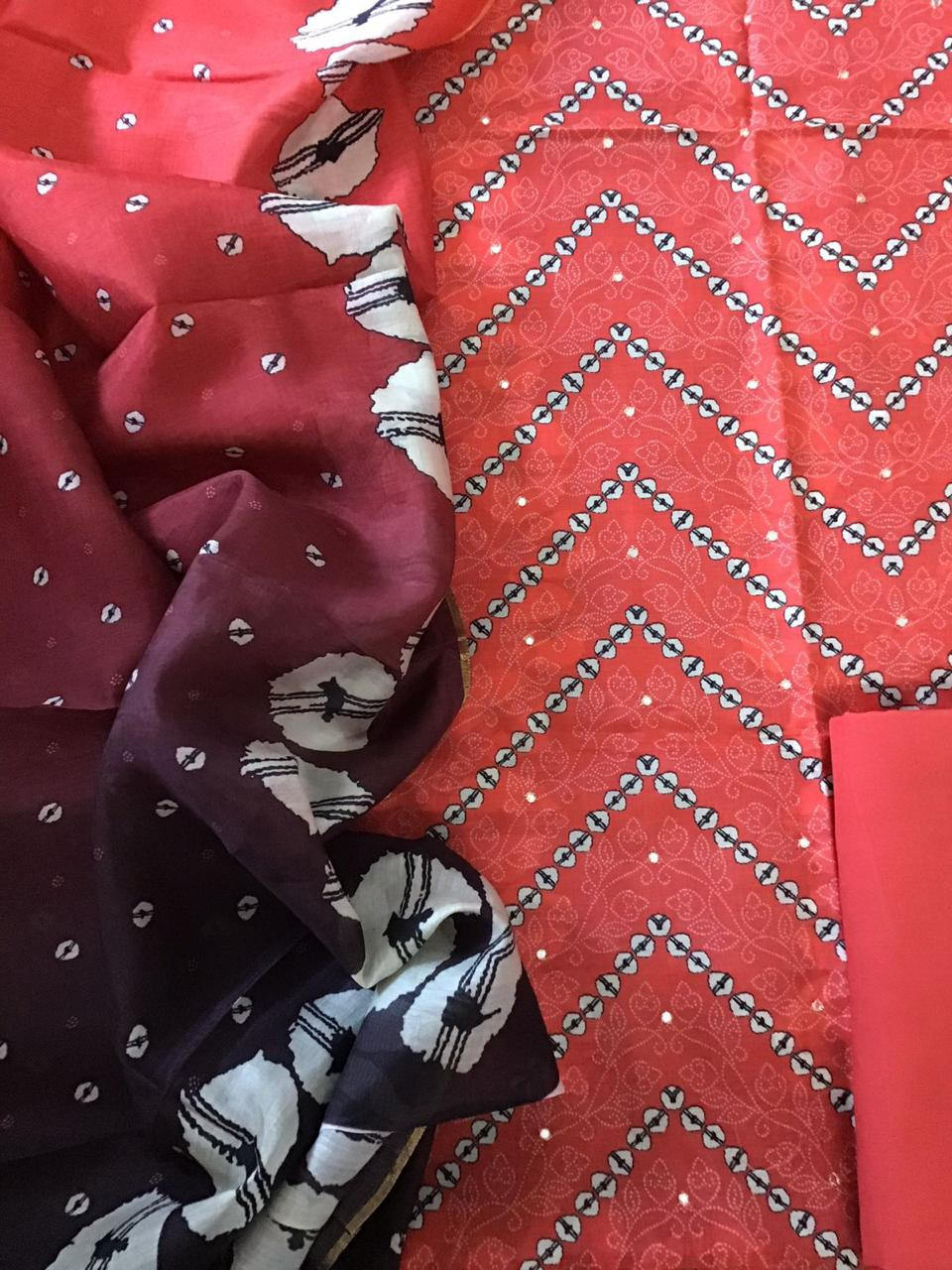 Pure Muslin Silk Printed Embroidered Suit - Red