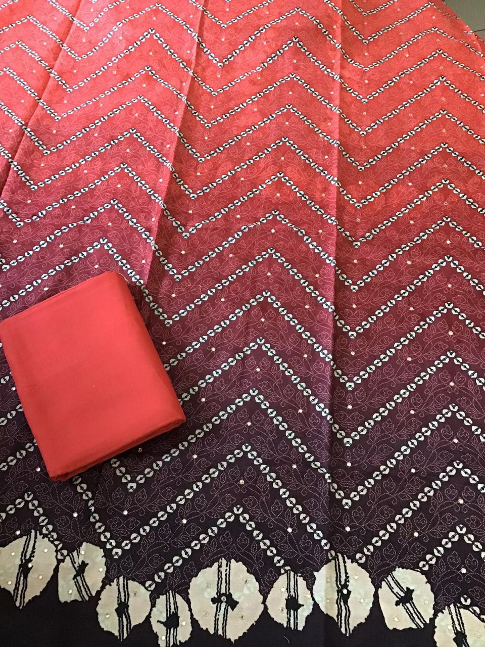 Pure Muslin Silk Printed Embroidered Suit - Red