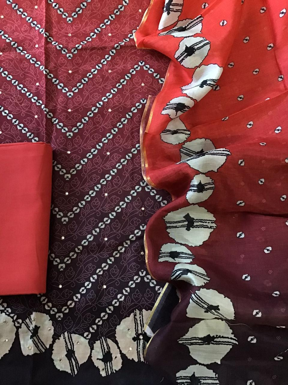 Pure Muslin Silk Printed Embroidered Suit - Red