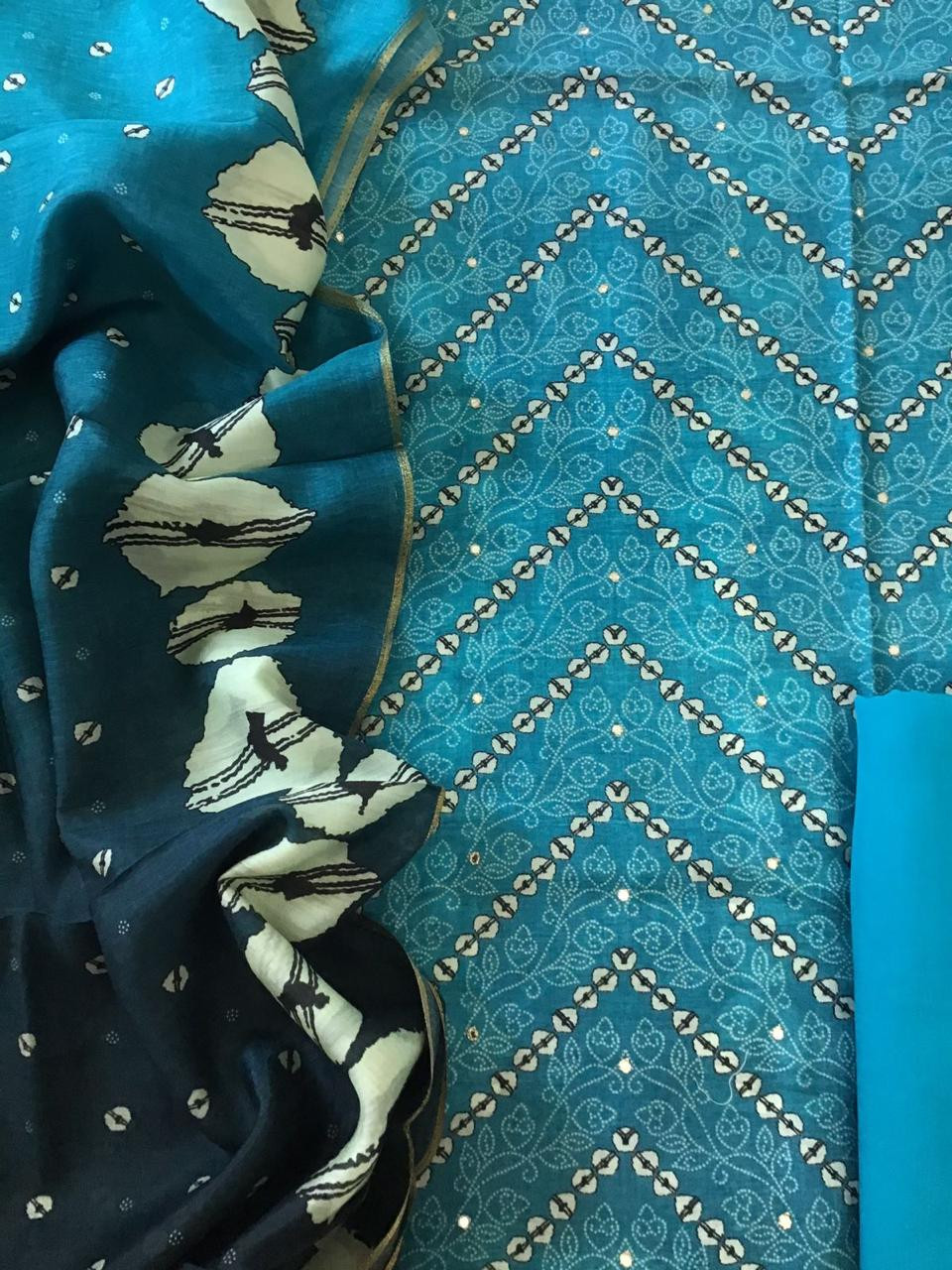 Pure Muslin Silk Printed Embroidered Suit - Blue