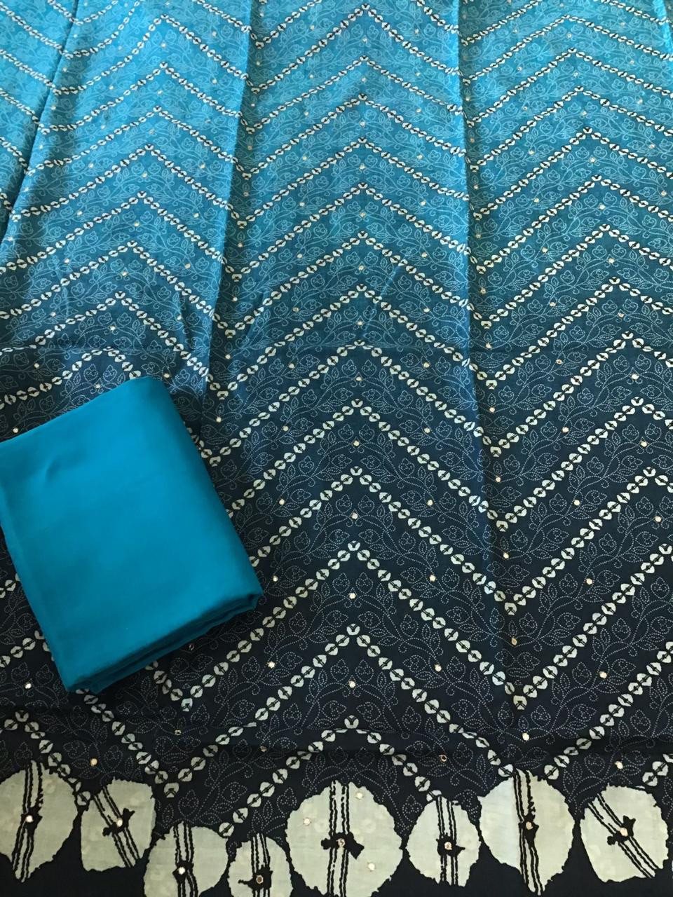 Pure Muslin Silk Printed Embroidered Suit - Blue