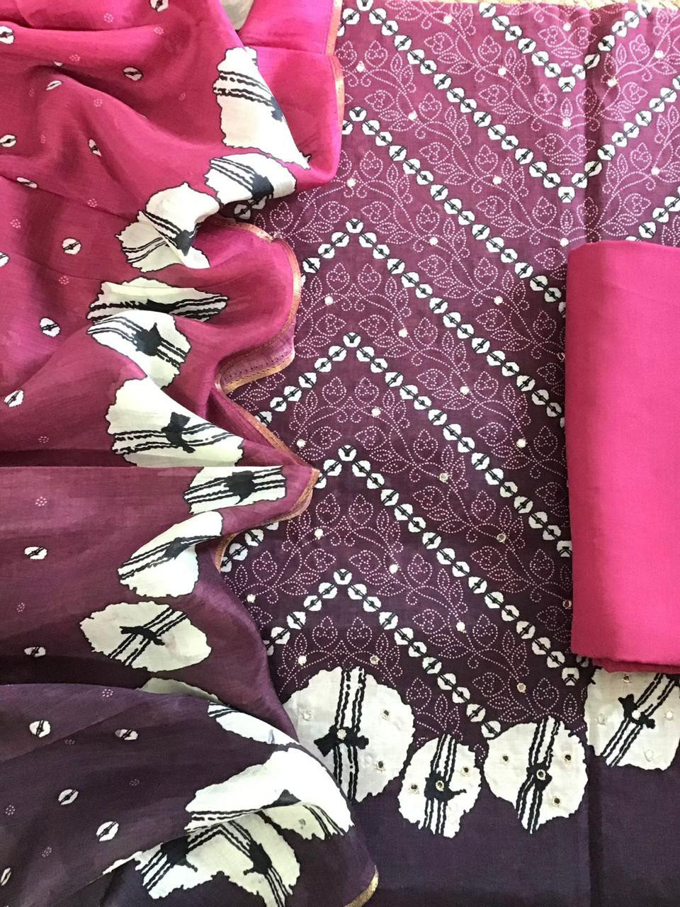 Pure Muslin Silk Printed Embroidered Suit - Pink