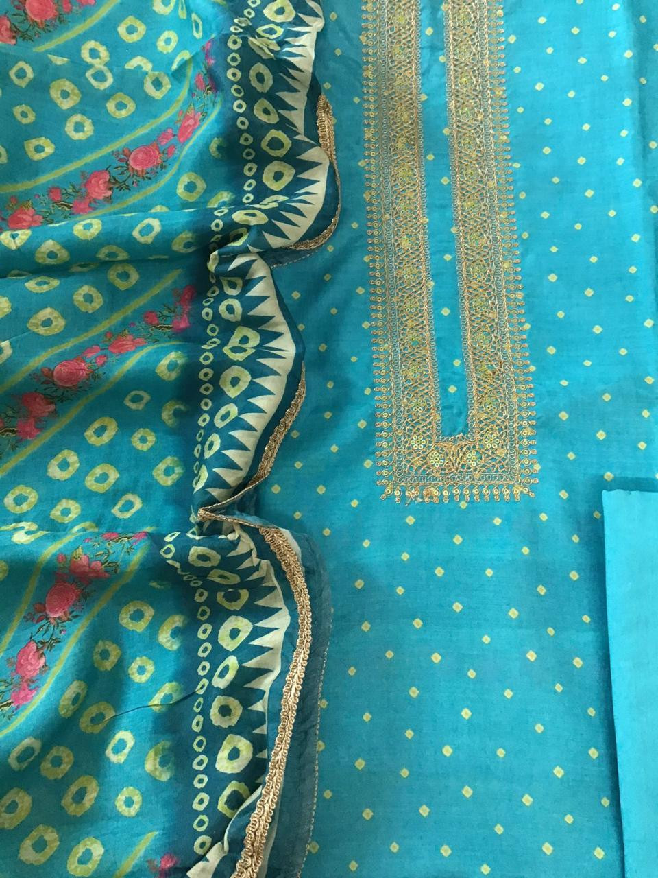 Pure Muslin Silk Printed Embroidered Suit - Blue
