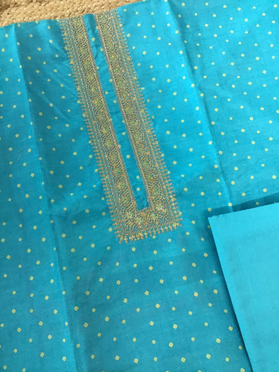 Pure Muslin Silk Printed Embroidered Suit - Blue