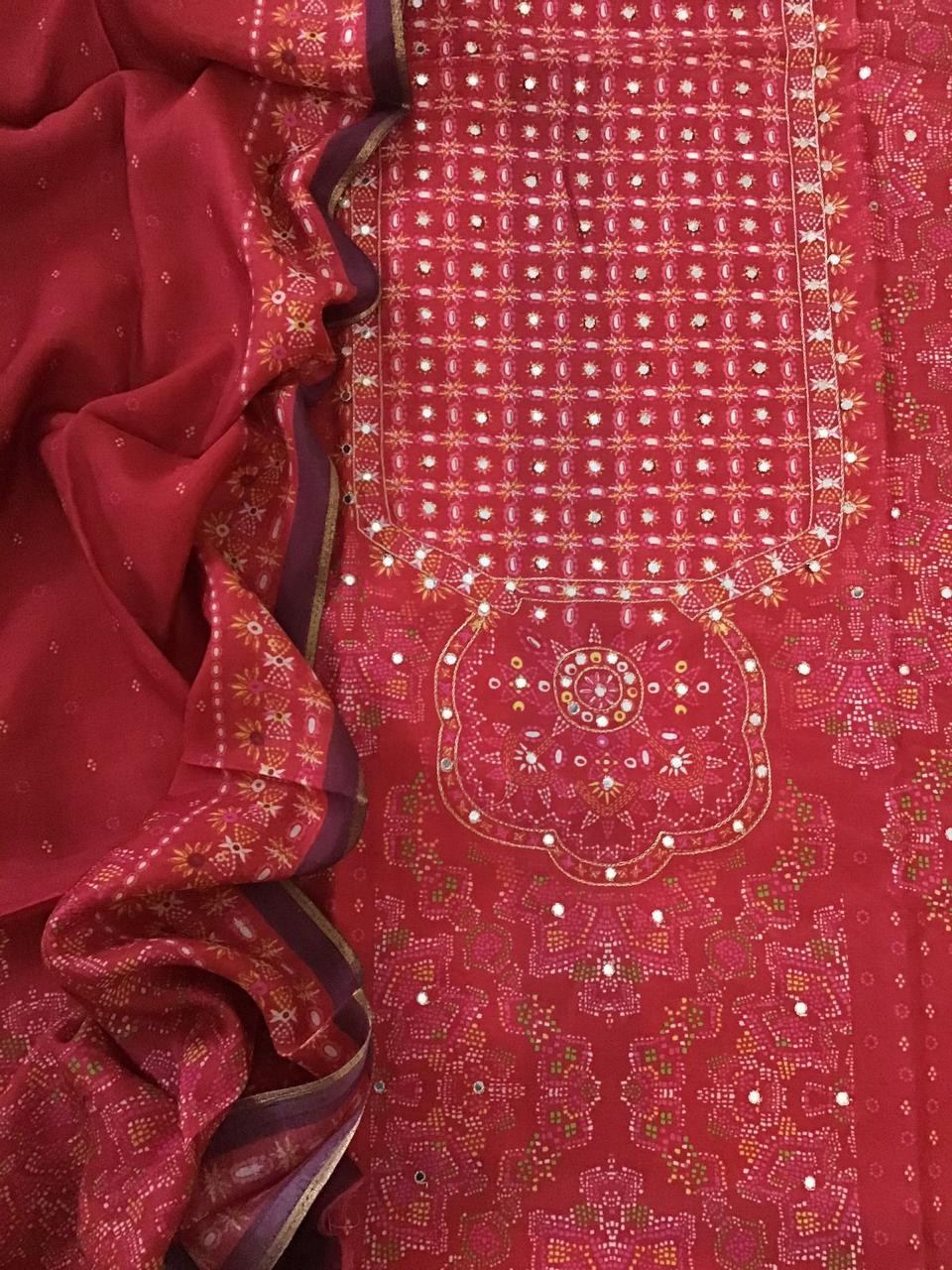 Pure Muslin Silk Printed Embroidered Suit - Red