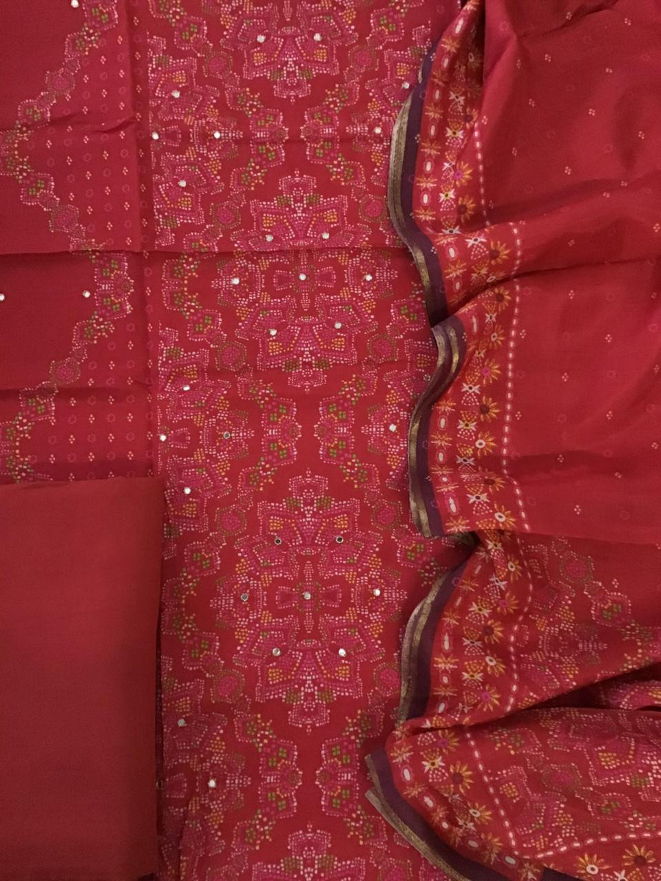 Pure Muslin Silk Printed Embroidered Suit - Red