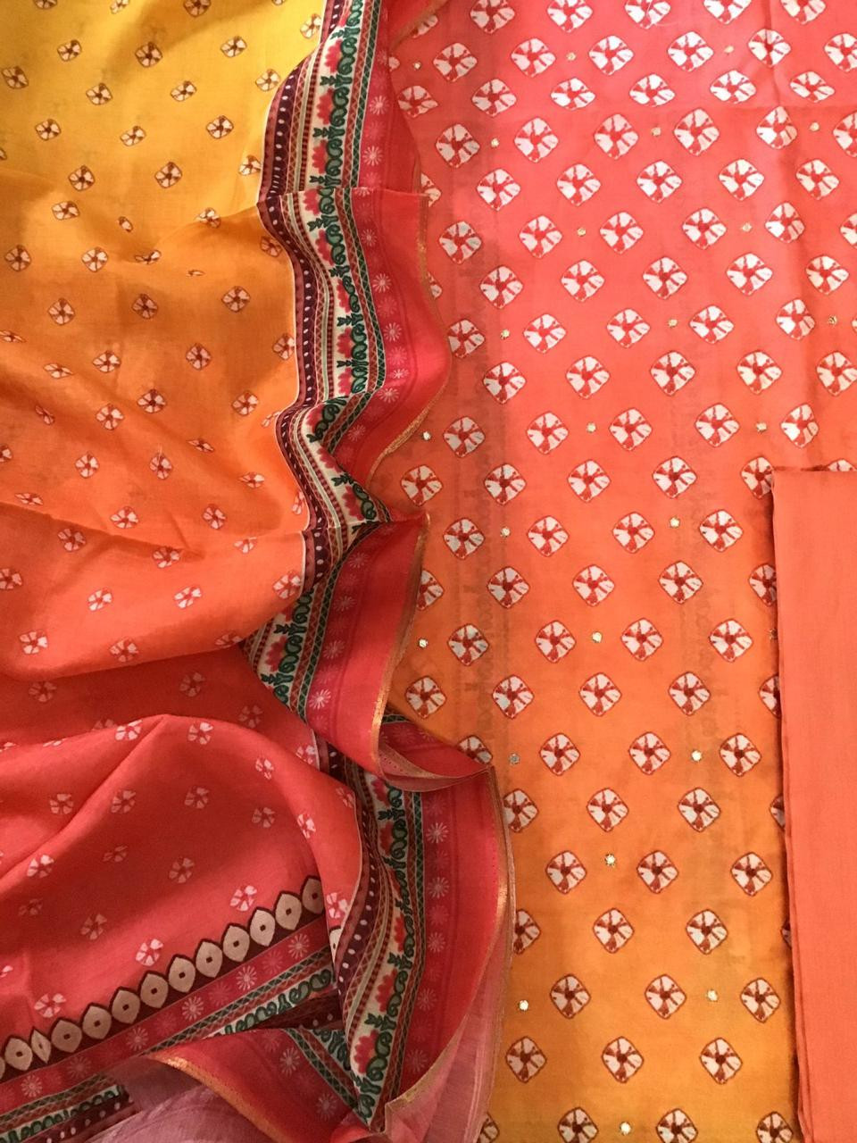 Pure Muslin Silk Printed Embroidered Suit - Orange Yellow