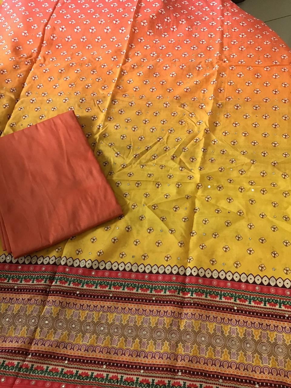 Pure Muslin Silk Printed Embroidered Suit - Orange Yellow