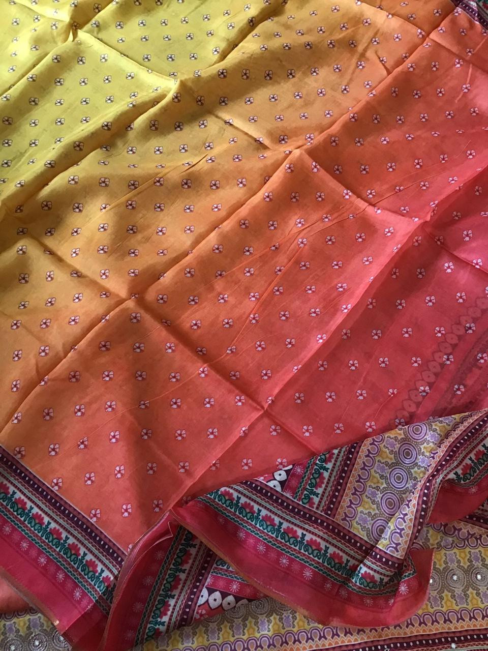 Pure Muslin Silk Printed Embroidered Suit - Orange Yellow