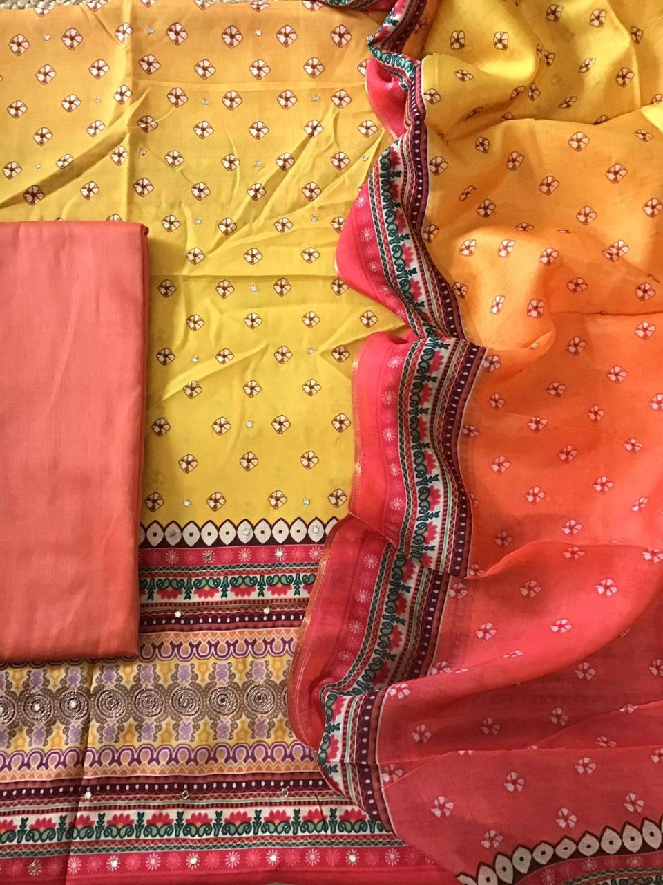 Pure Muslin Silk Printed Embroidered Suit - Orange Yellow