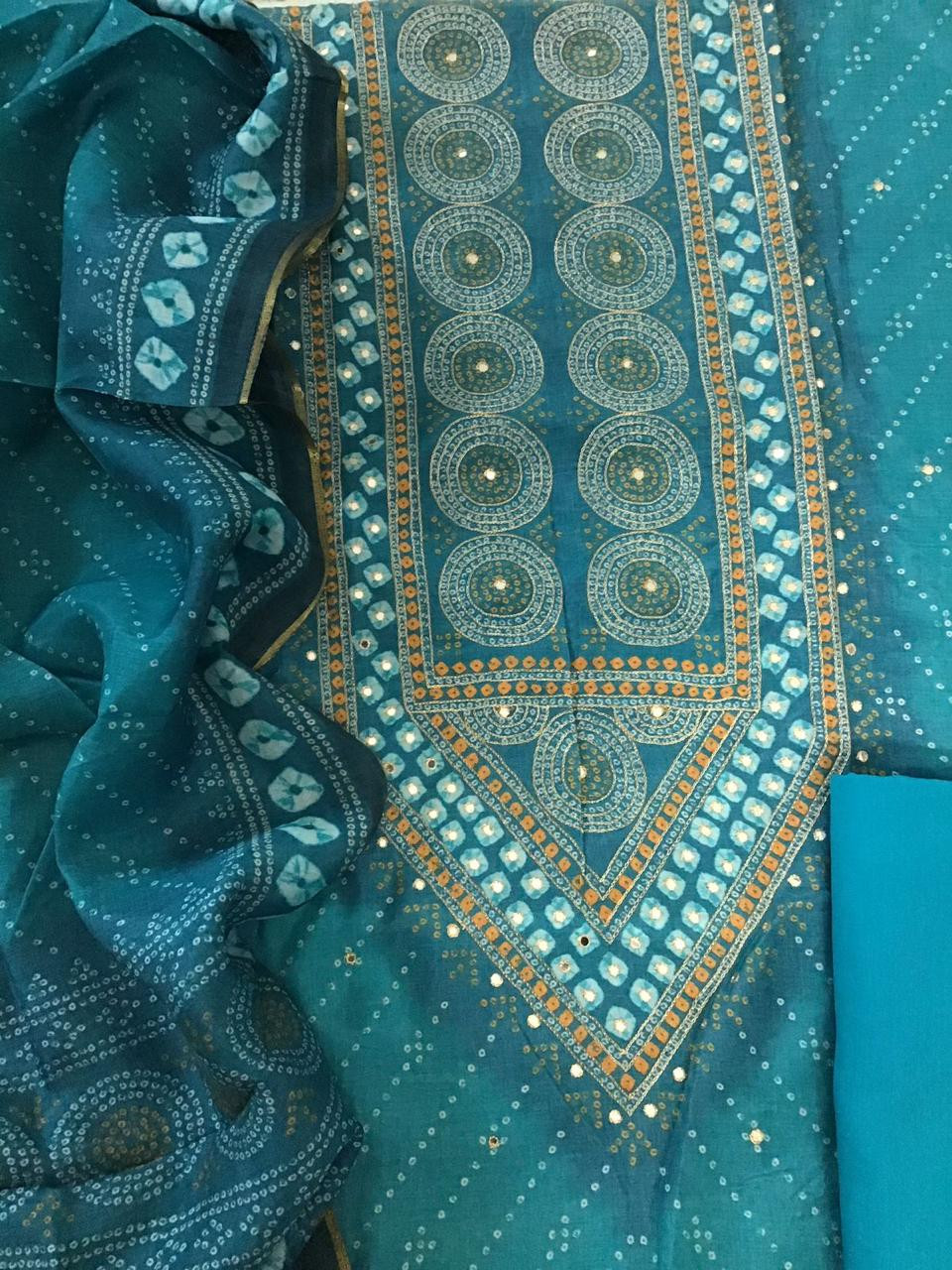 Pure Muslin Silk Printed Embroidered Suit - Blue