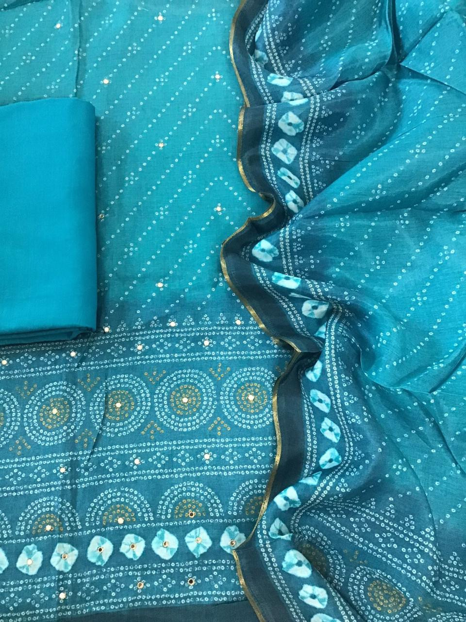 Pure Muslin Silk Printed Embroidered Suit - Blue