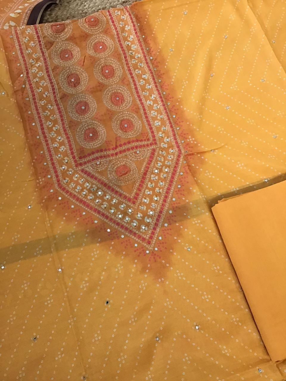 Pure Muslin Silk Printed Embroidered Suit - Yellow