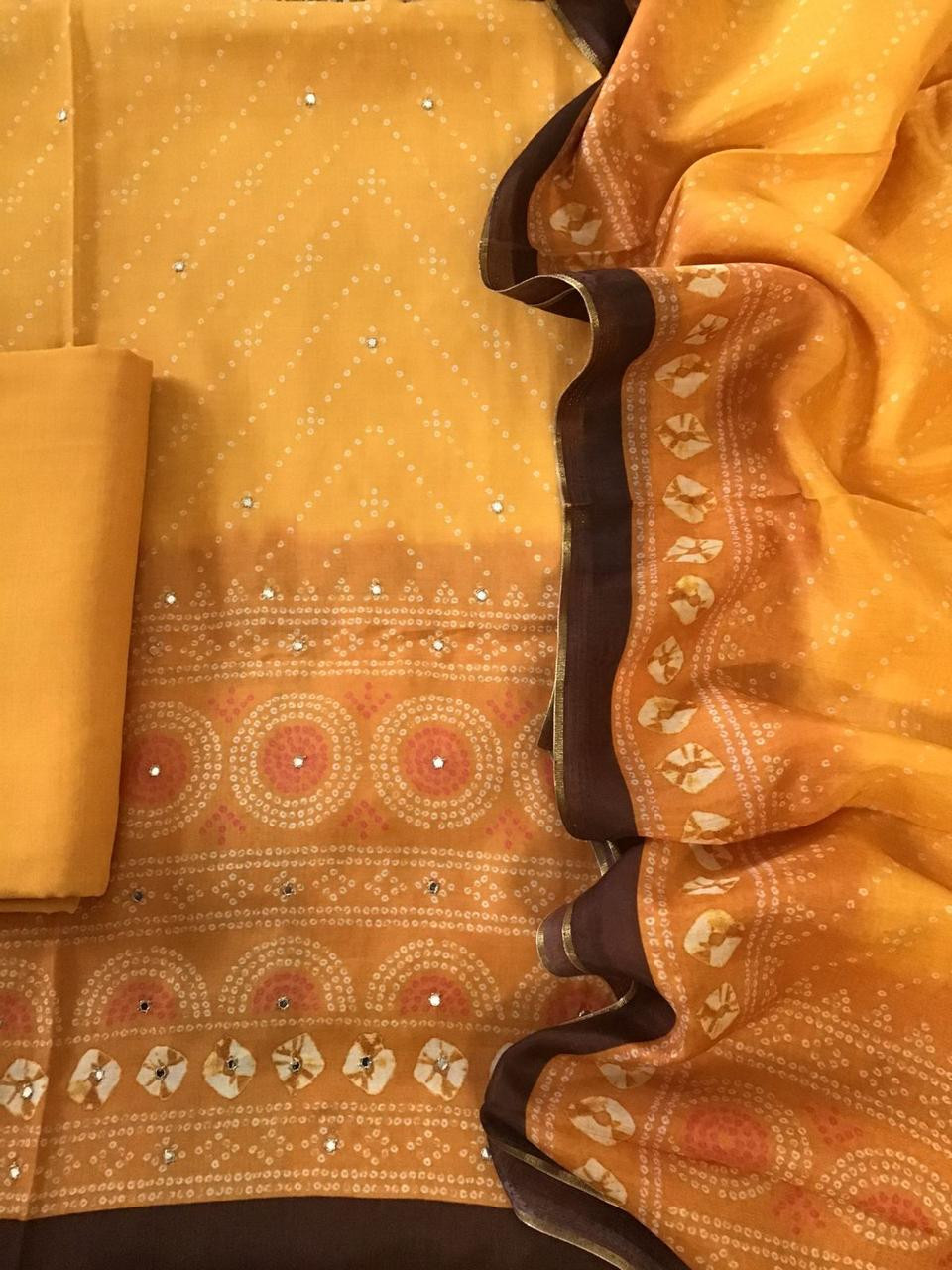 Pure Muslin Silk Printed Embroidered Suit - Yellow