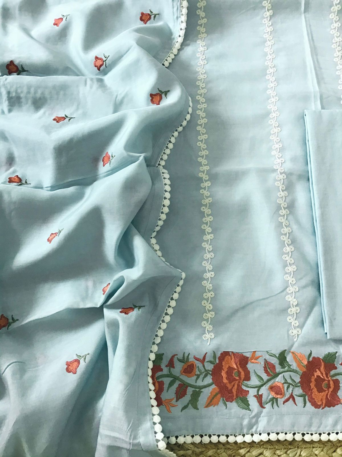 Pure Muslin Silk Embroidered Suit - Grey