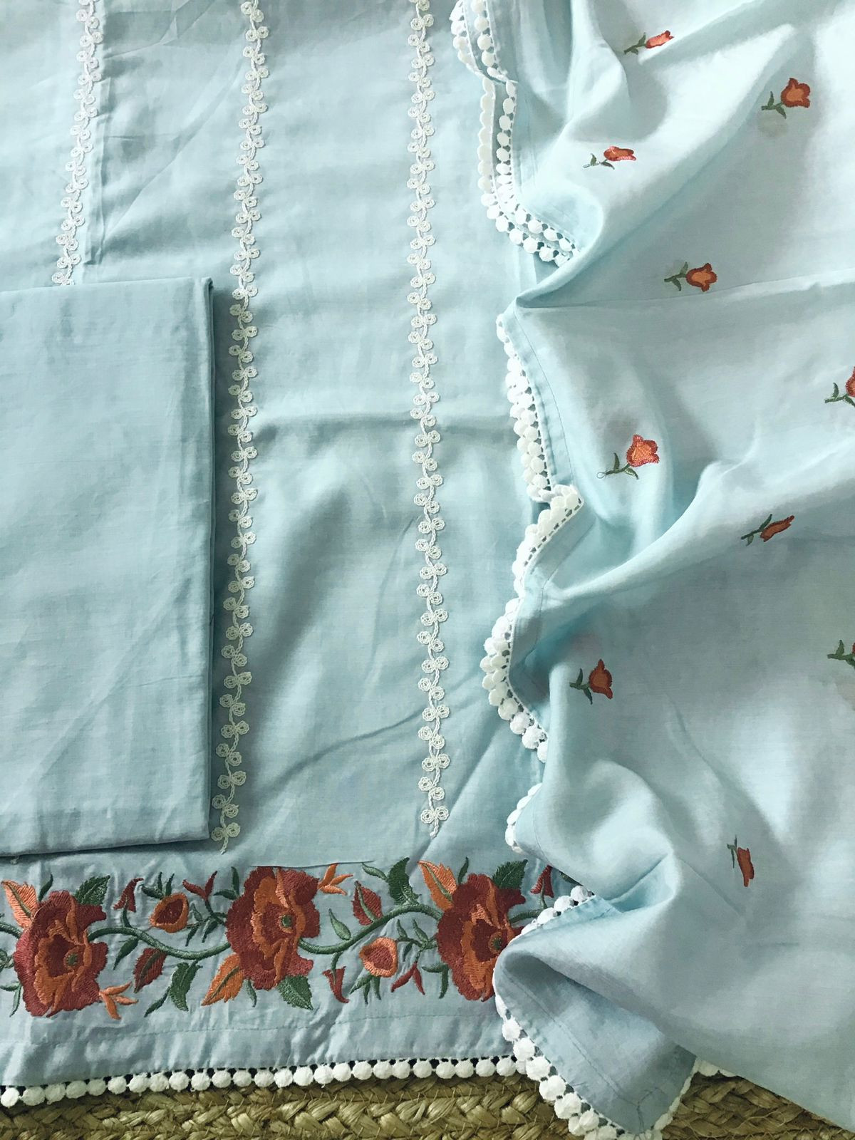 Pure Muslin Silk Embroidered Suit - Grey