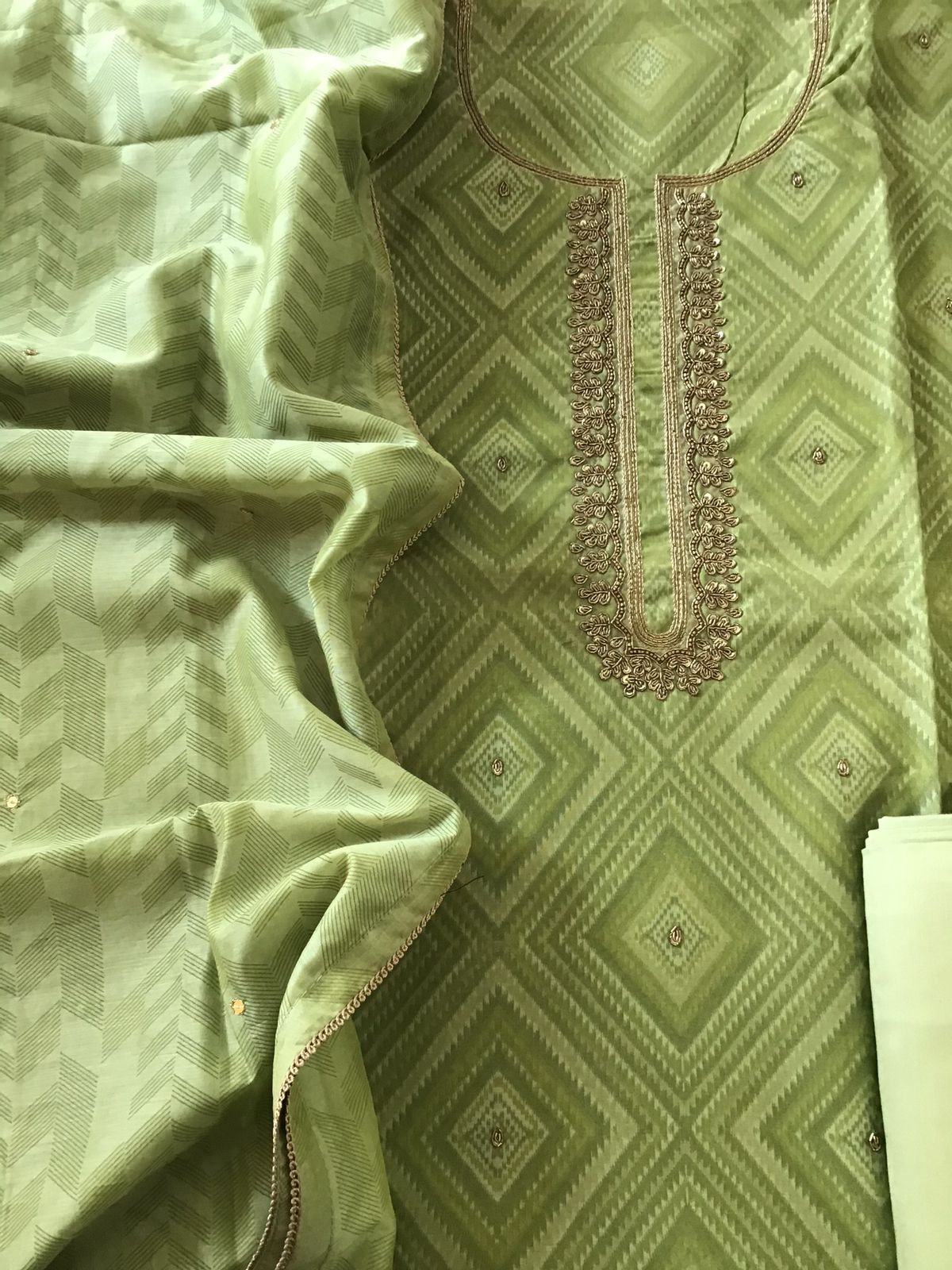 Soft Chanderi Printed Embroidered Suit - Green