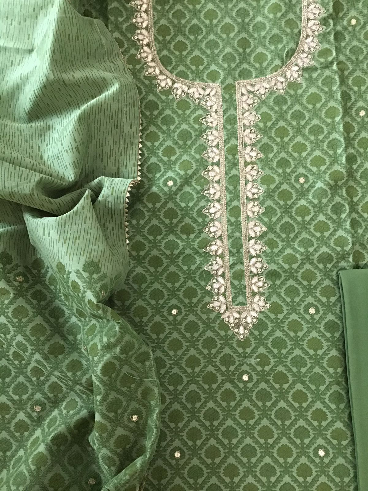 Soft Chanderi Printed Embroidered Suit - Green