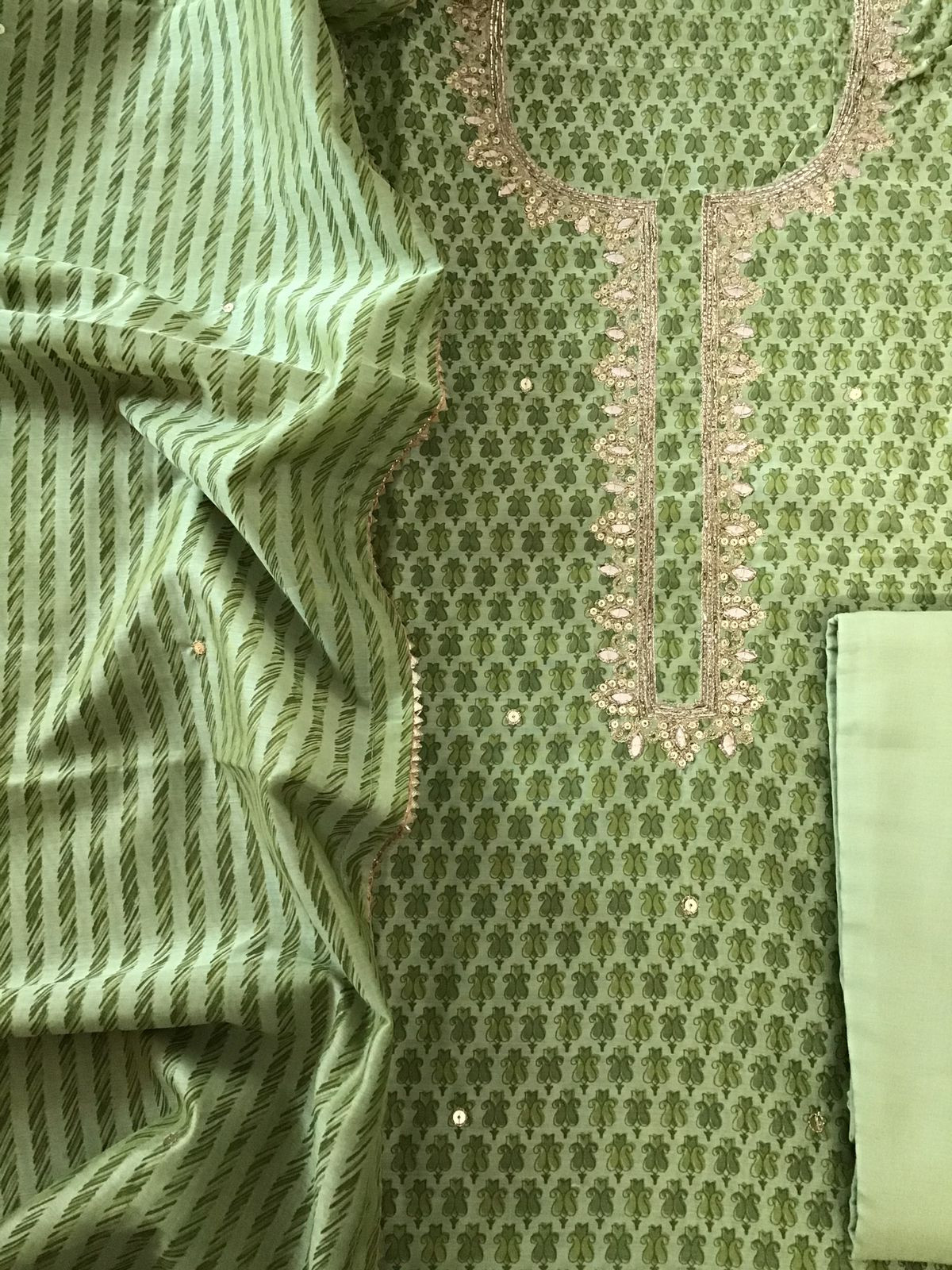 Soft Chanderi Printed Embroidered Suit - Green