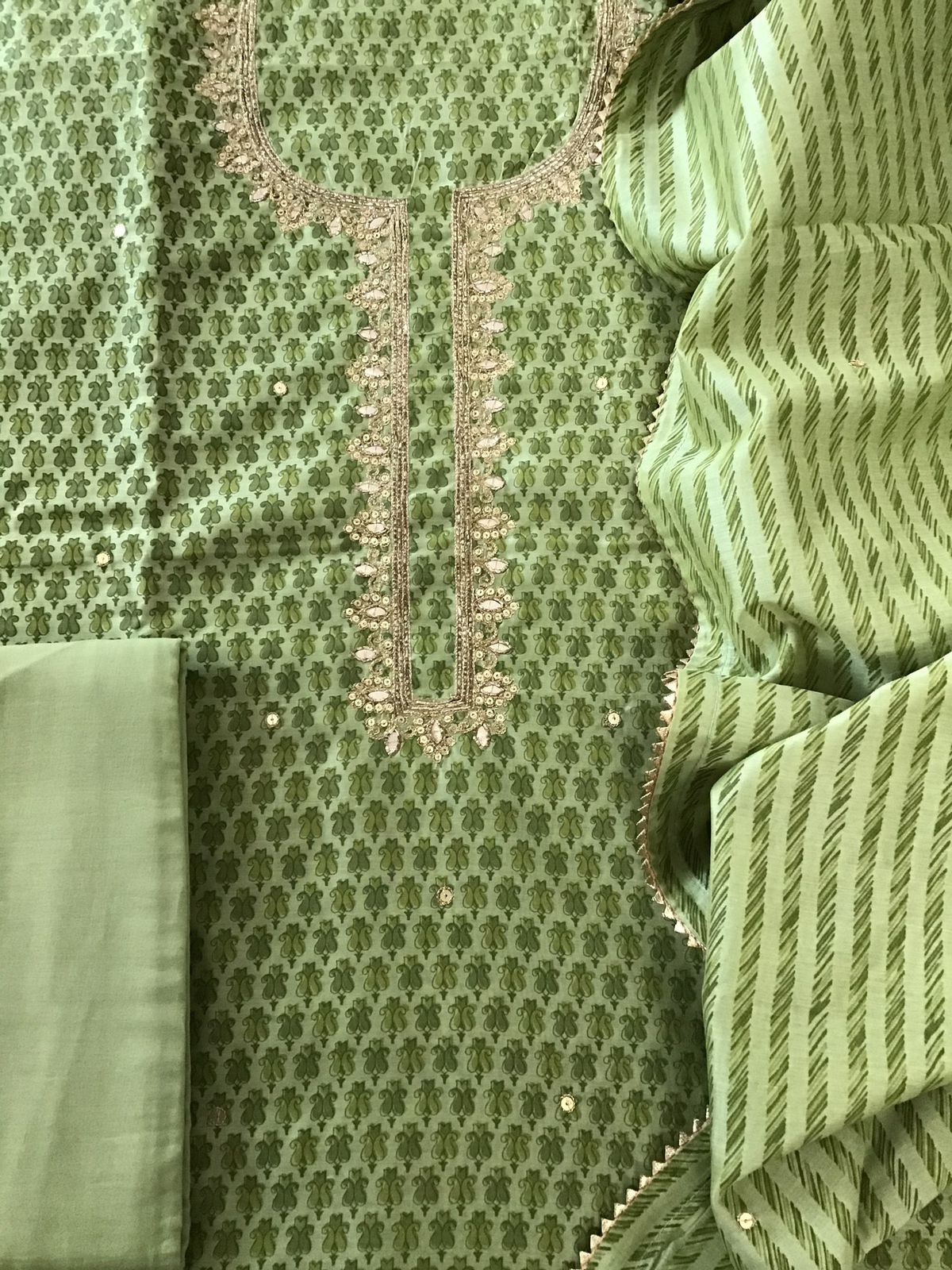 Soft Chanderi Printed Embroidered Suit - Green