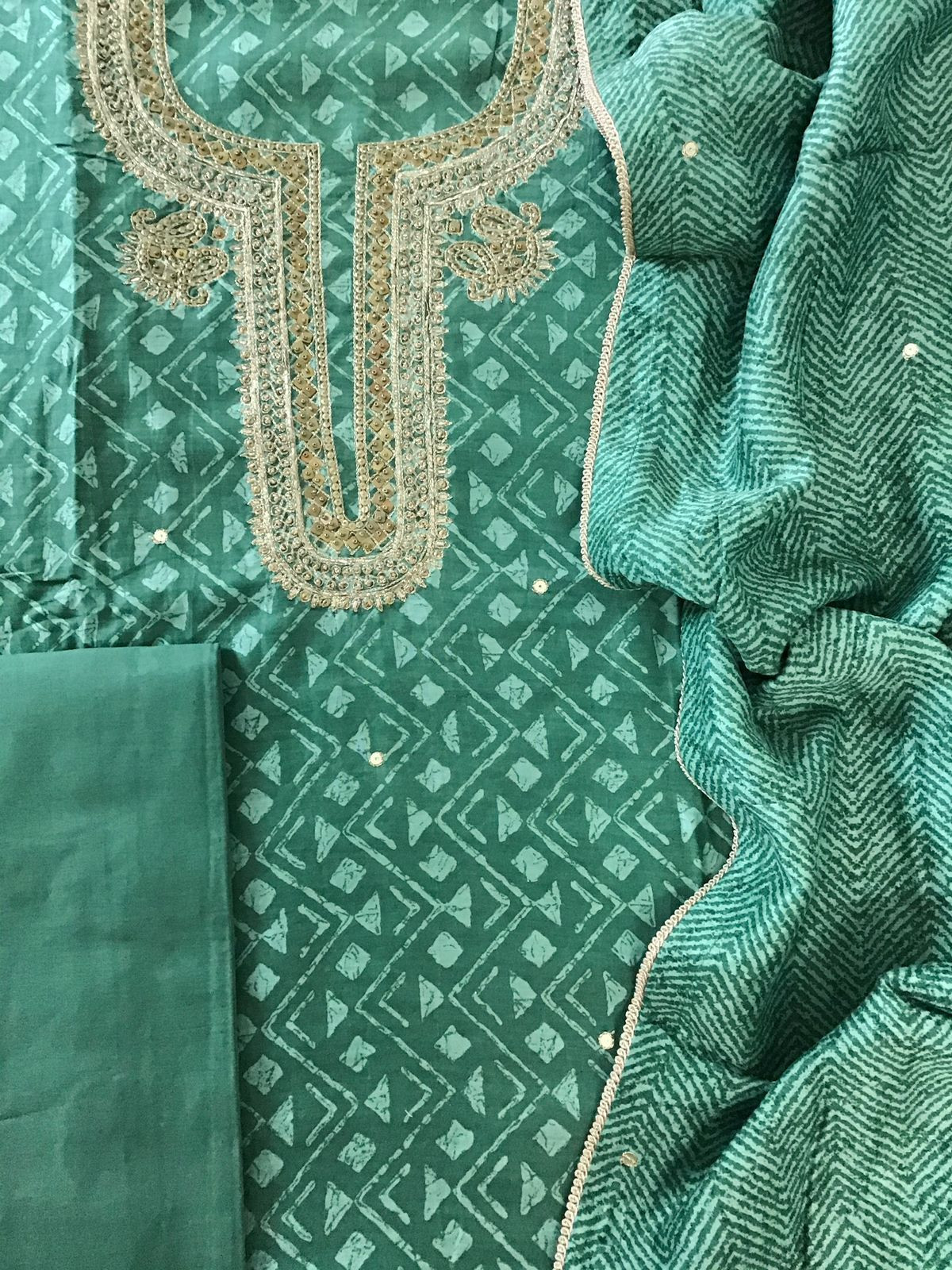 Pure Fine Muslin Printed Embroidered Suit - Green