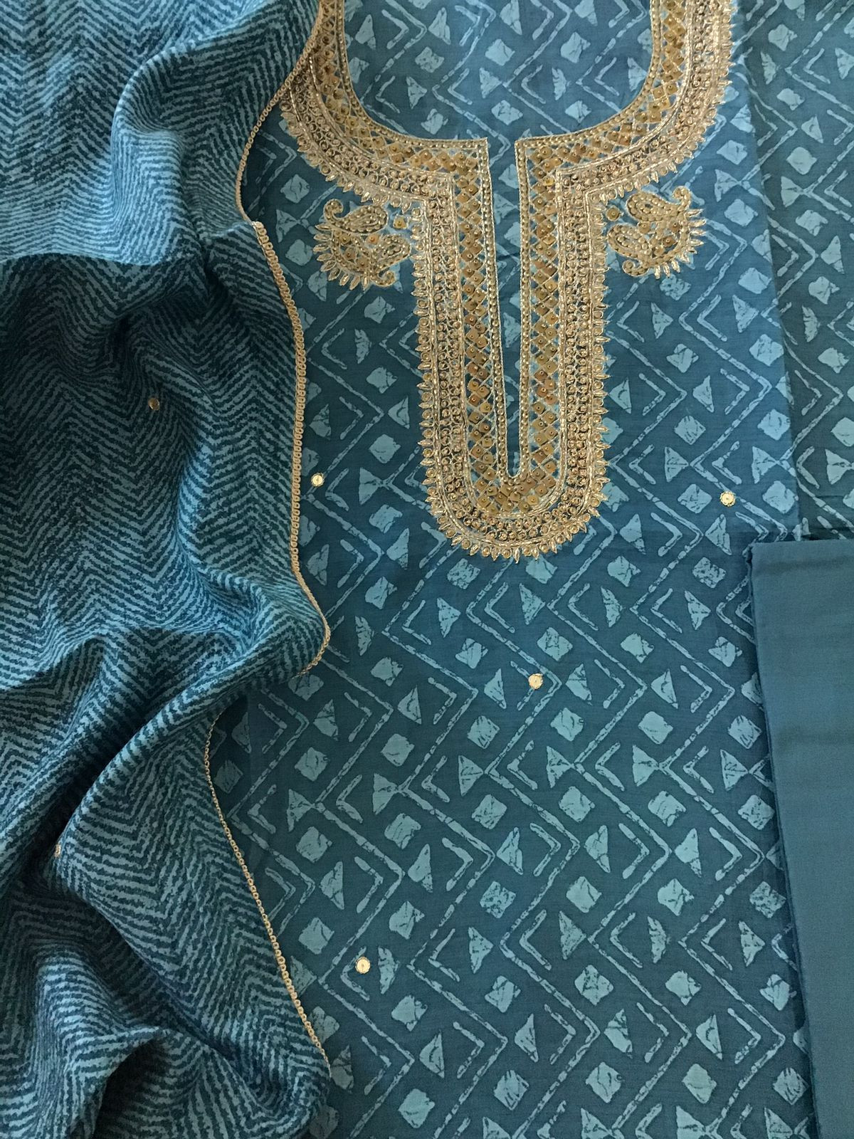 Pure Fine Muslin Printed Embroidered Suit - Blue