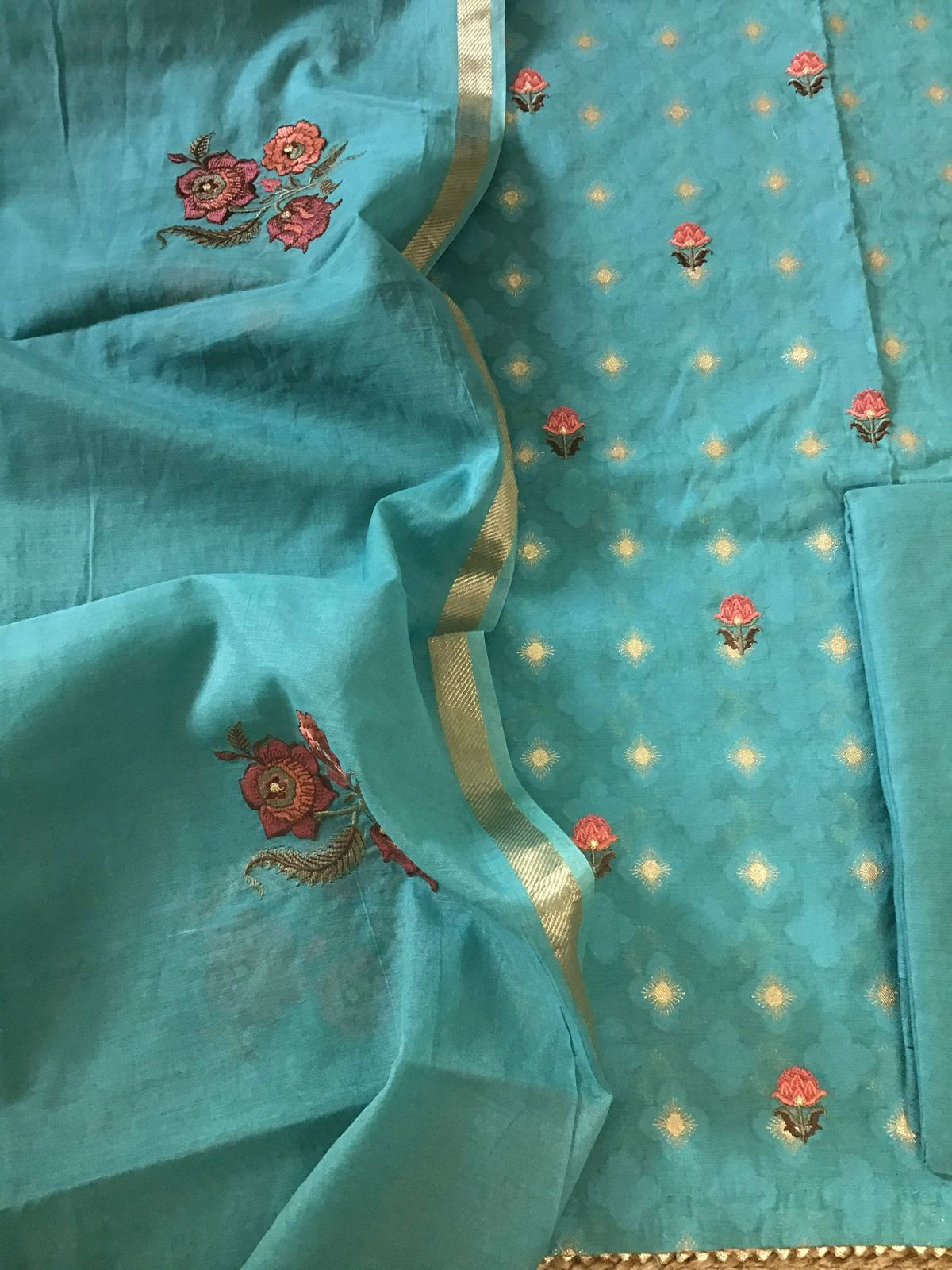 Pure Chanderi Banarasi Weaved Embroidered Suit - Blue