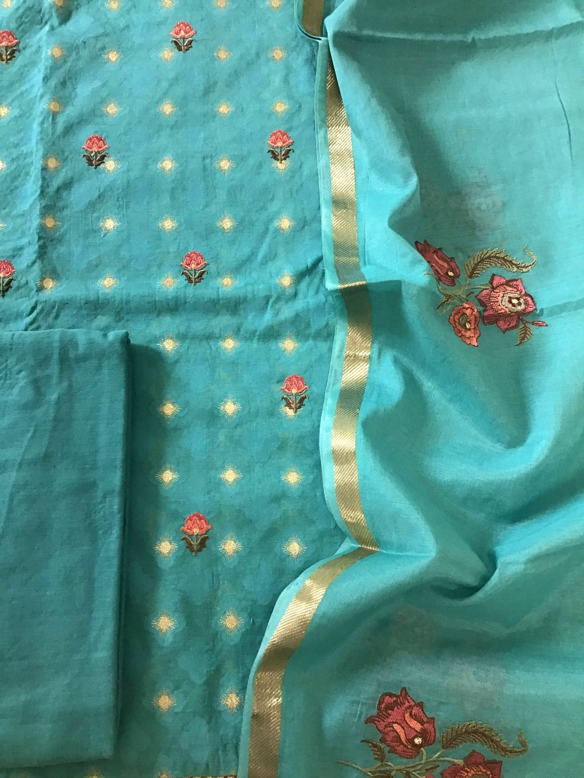 Pure Chanderi Banarasi Weaved Embroidered Suit - Blue