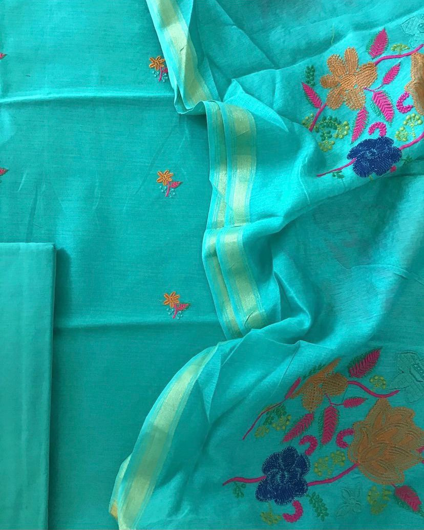 Pure Maheshwari Embroidered Suit - Blue