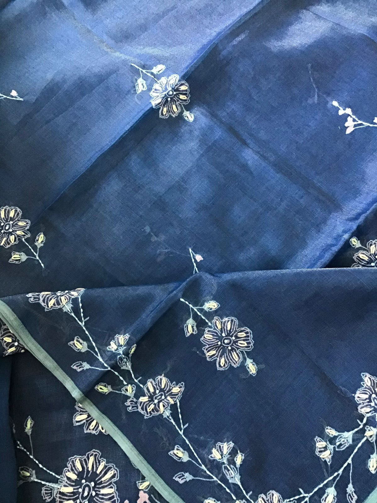 Soft Slub Tissue Cotton Printed Embroidered Suit - Blue