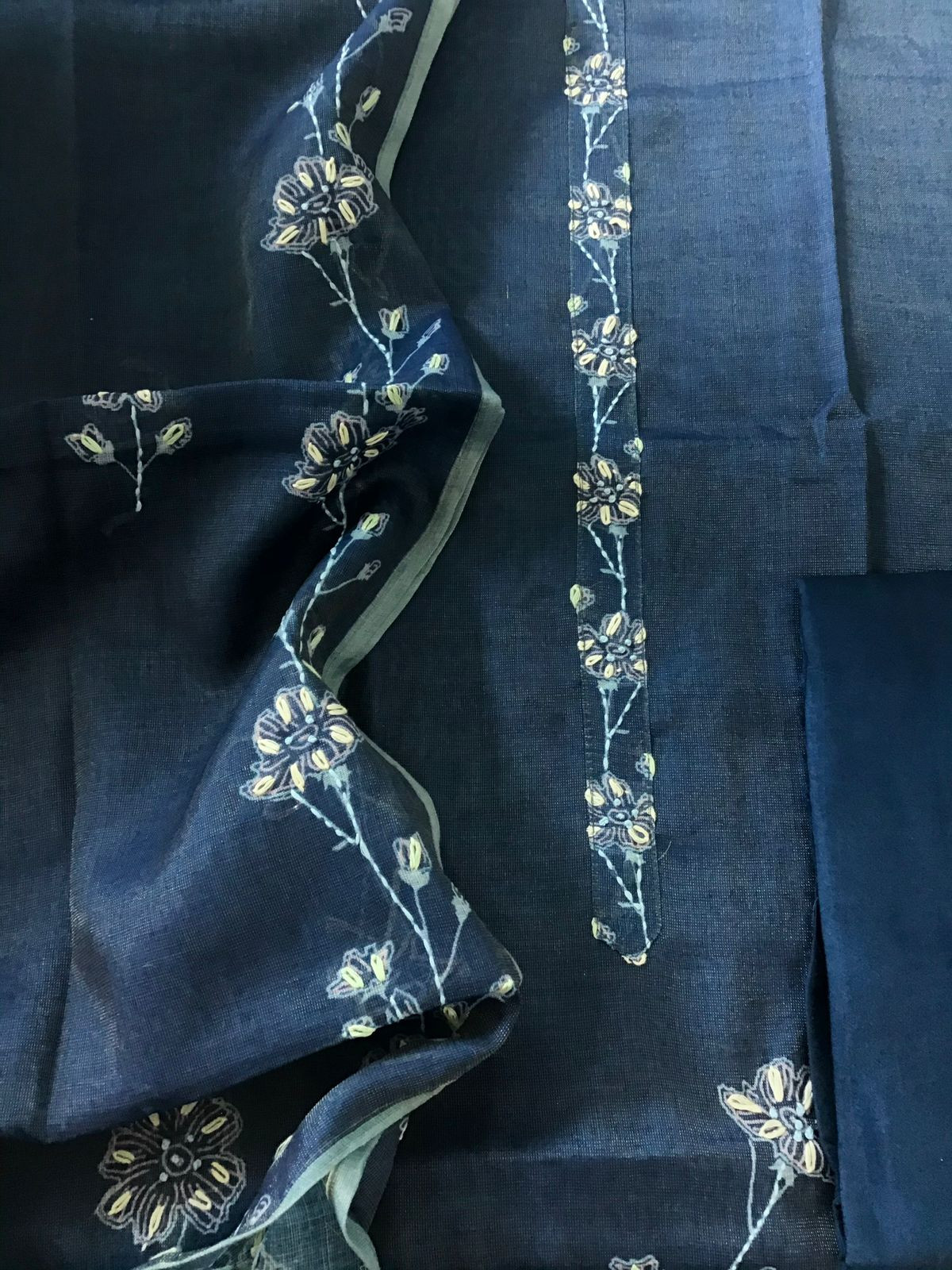 Soft Slub Tissue Cotton Printed Embroidered Suit - Blue