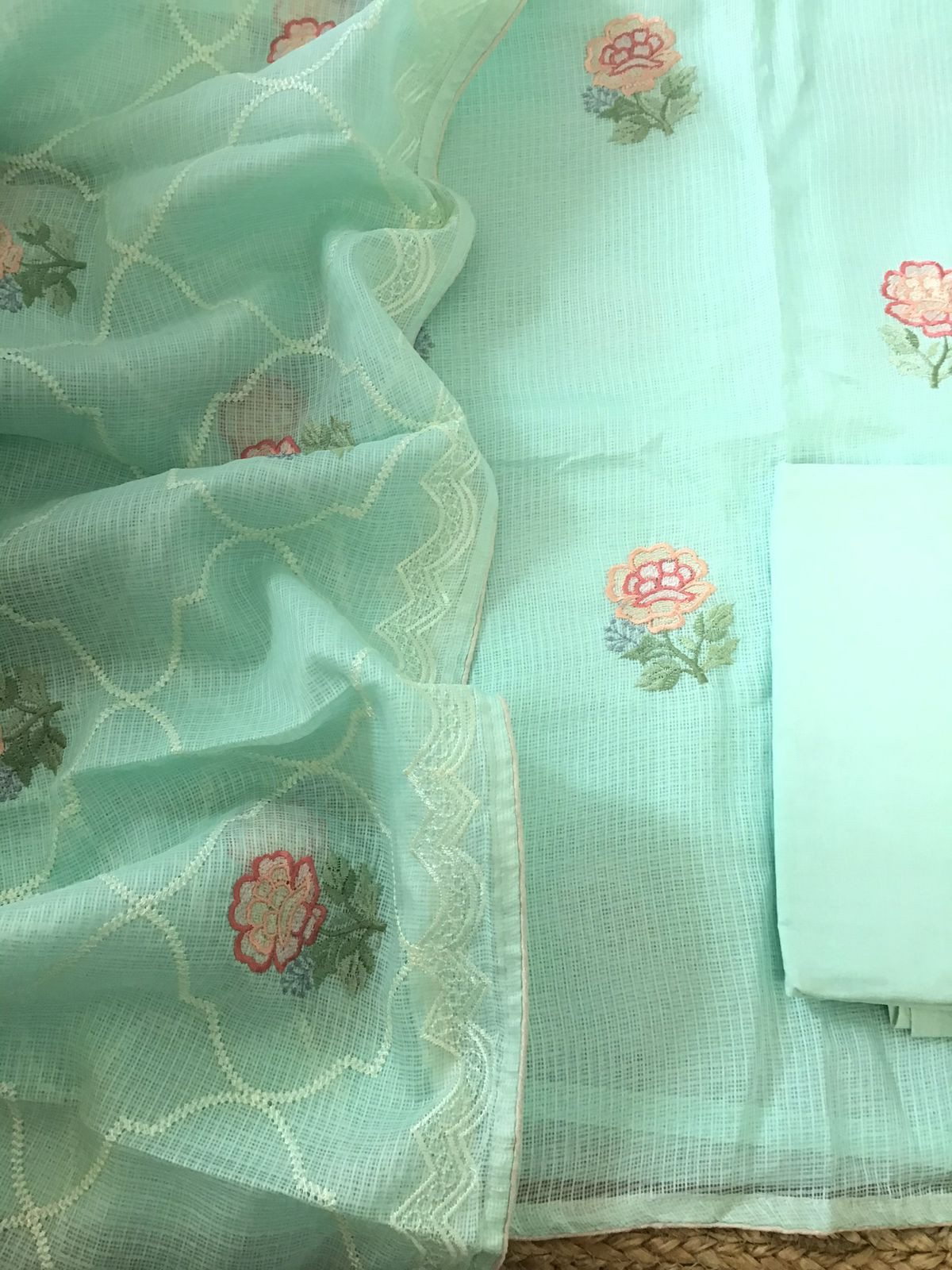 Soft Kota Silk Embroidered Suit - Green