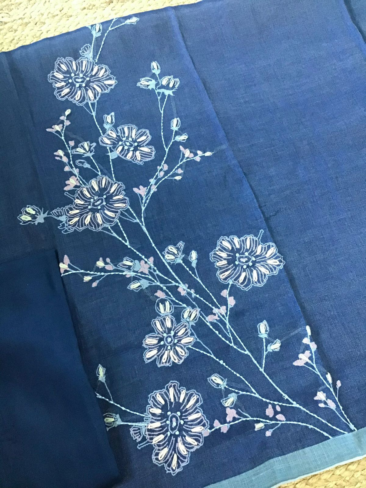 Soft Slub Tissue Cotton Printed Embroidered Suit - Blue