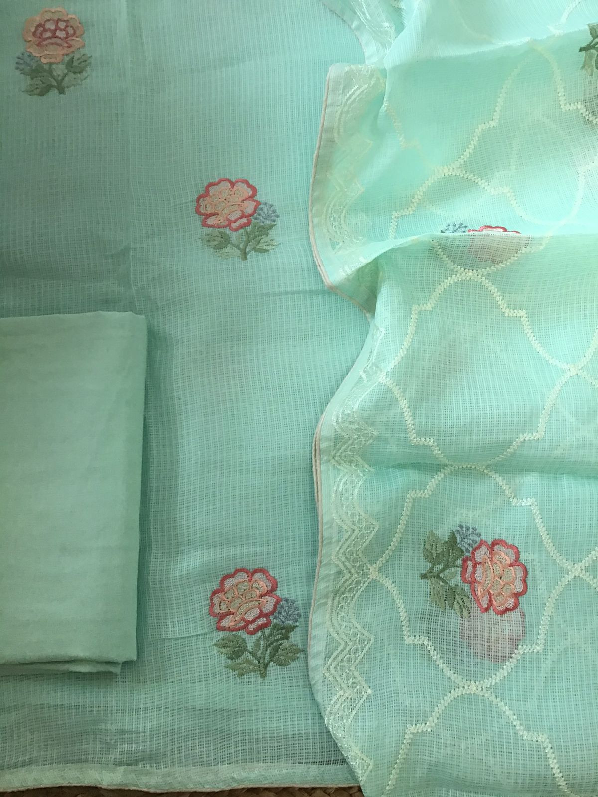 Soft Kota Silk Embroidered Suit - Green