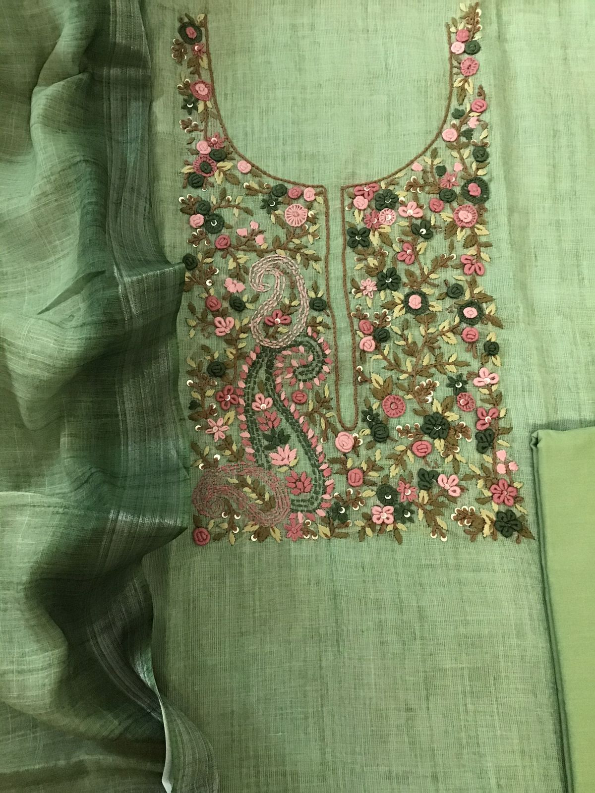 Soft Semi Linen Jute Cotton Embroidered Suit - Green