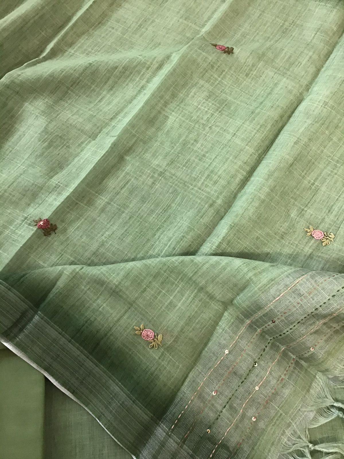 Soft Semi Linen Jute Cotton Embroidered Suit - Green