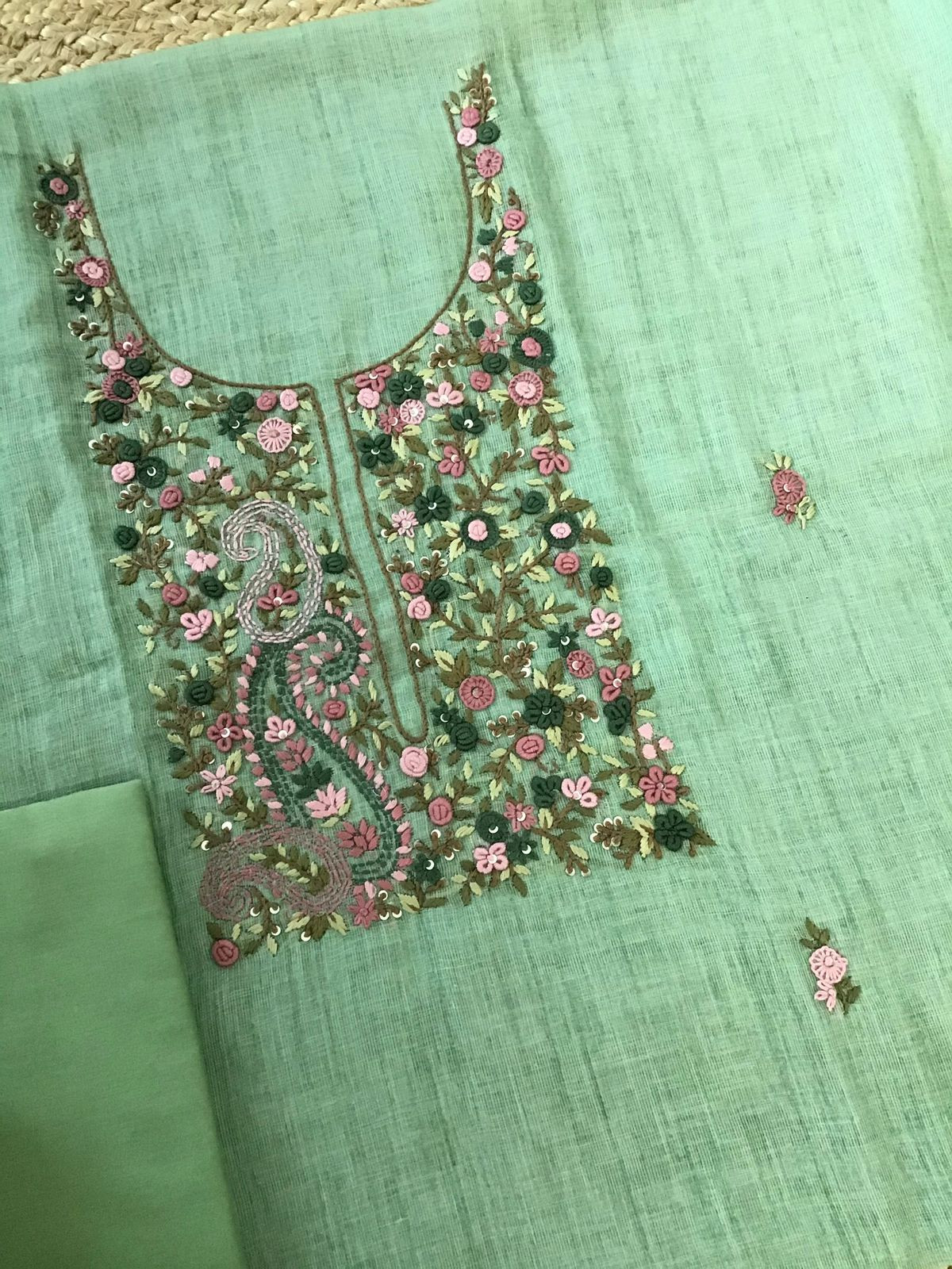 Soft Semi Linen Jute Cotton Embroidered Suit - Green