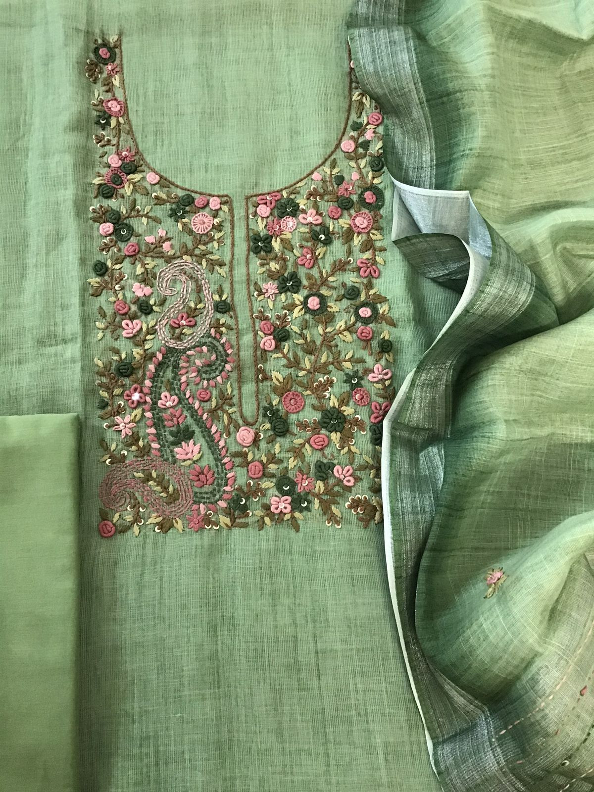 Soft Semi Linen Jute Cotton Embroidered Suit - Green