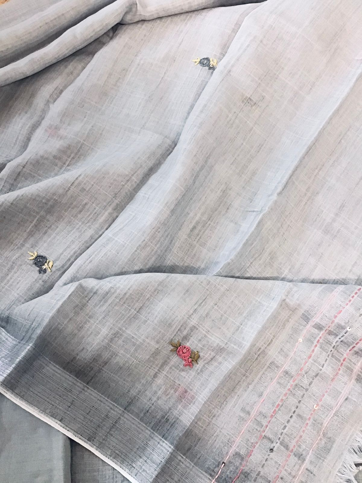 Soft Semi Linen Jute Cotton Embroidered Suit - Grey