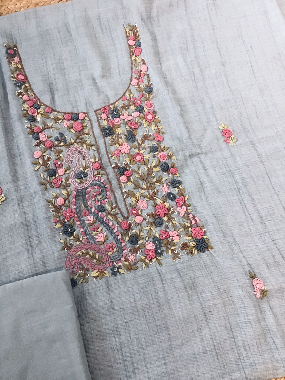 Soft Semi Linen Jute Cotton Embroidered Suit - Grey