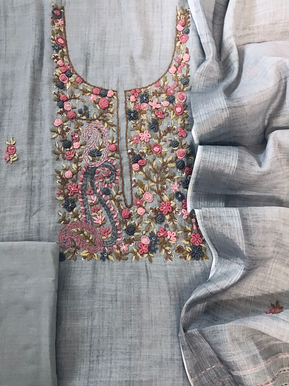 Soft Semi Linen Jute Cotton Embroidered Suit - Grey