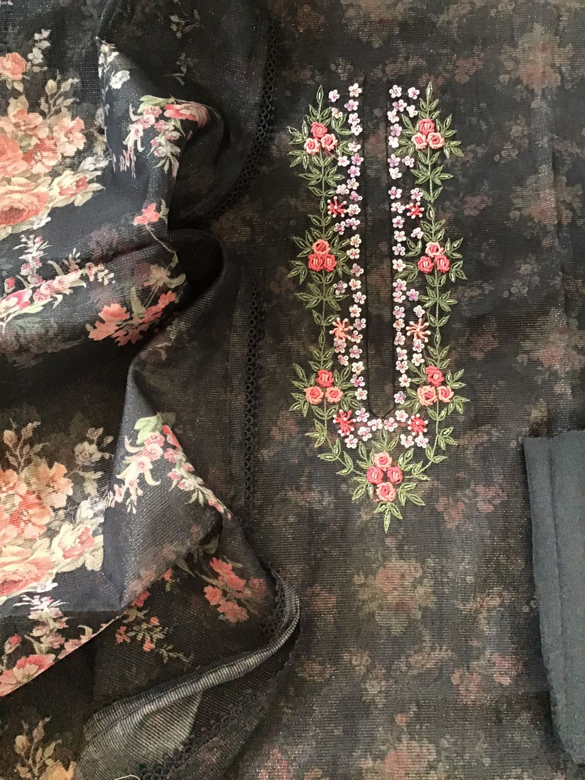 Soft Tissue Organza Printed Embroidered Suit - Black