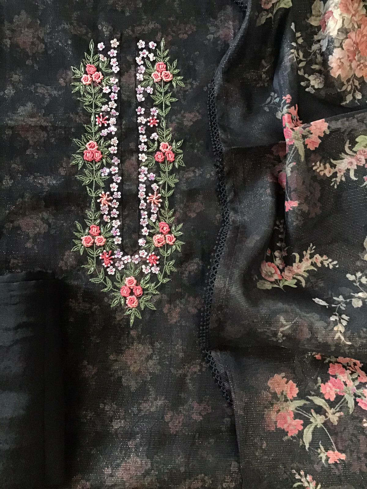 Soft Tissue Organza Printed Embroidered Suit - Black