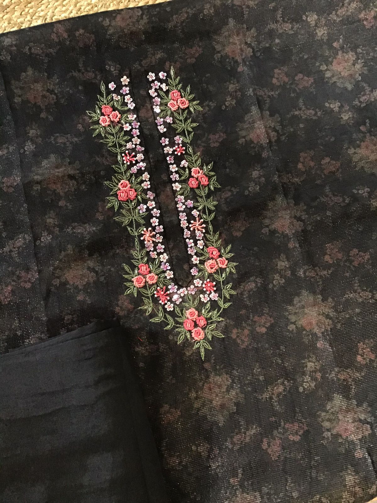 Soft Tissue Organza Printed Embroidered Suit - Black